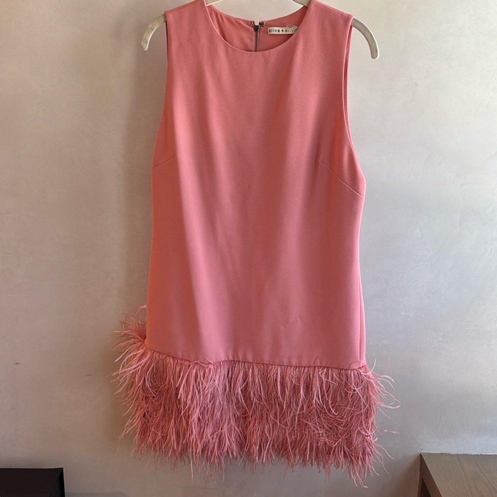 Pastel pink, mini Alice and Olivia dress with feathers.